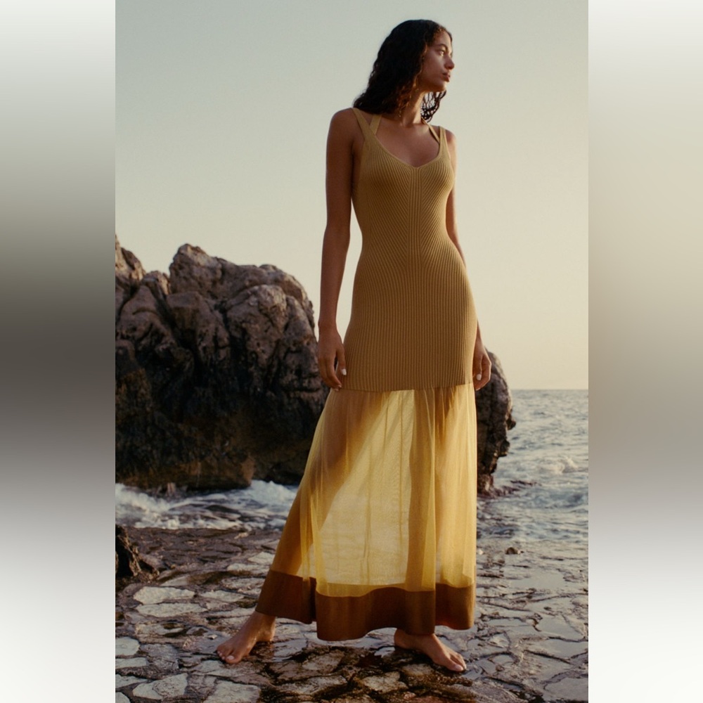 Anthropologie Glam Sheer Panel Ribbed Maxi Sweater Gold Dress NWT M Formal - Picture 2 of 10